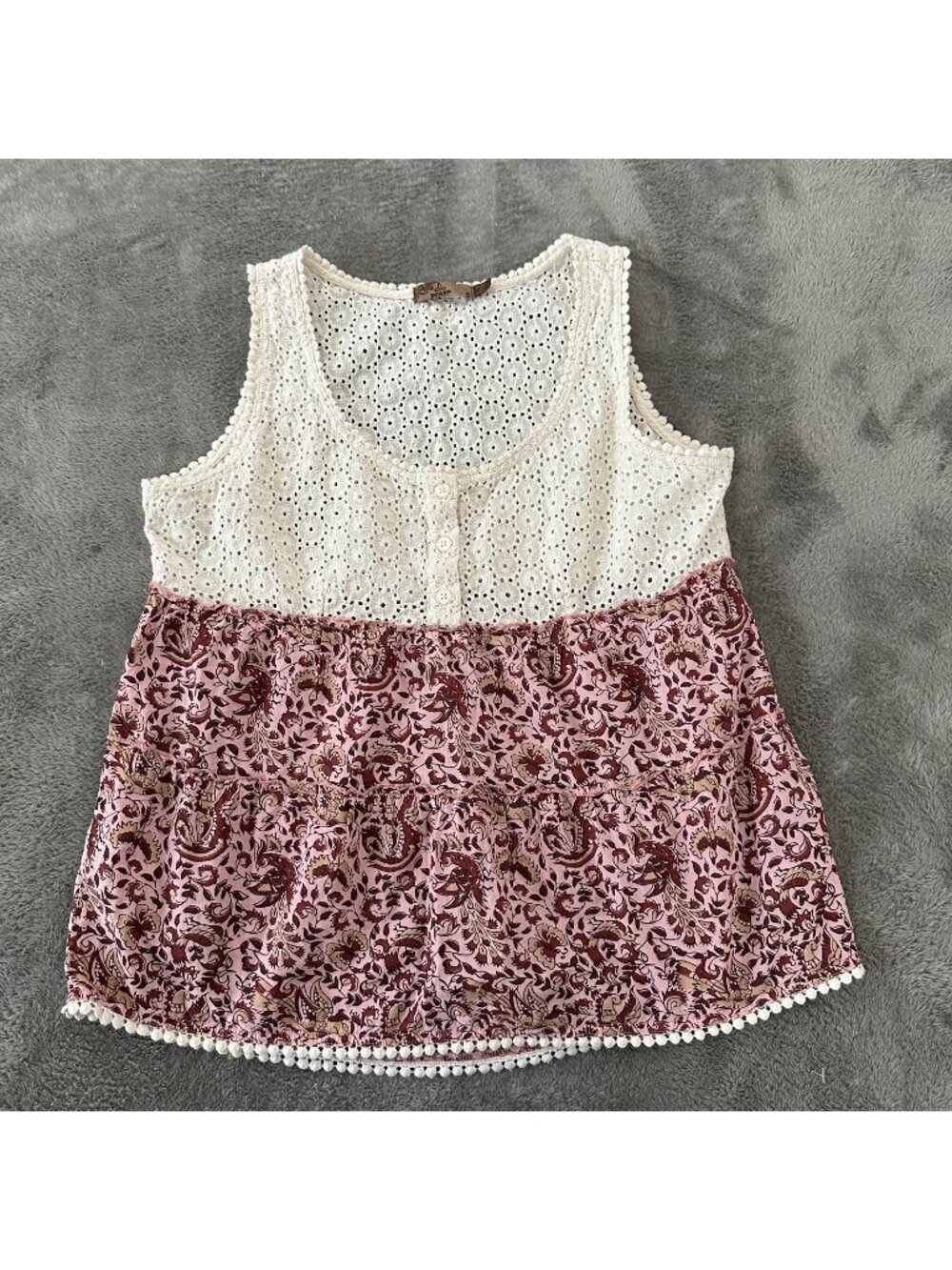 Prana Effie Babydoll Tank Top 100% Cotton Women's SMALL Eyelet Blouse Shirt